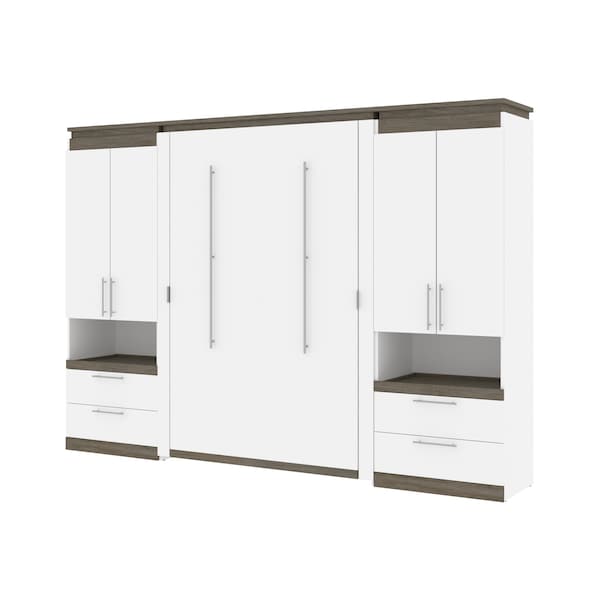 Orion 118W Full Murphy Bed and 2 Storage Cabinets with Pull-Out Shelves (119W), White & Walnut Grey